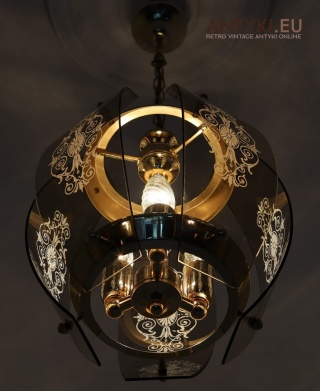 Stylowa lampa wisząca z ornamentami – mosiądz i szkło, vintage