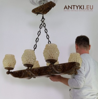 XXL! Ludowy, ręcznie rzeźbiony żyrandol drewniany – styl góralski / cepelia / retro