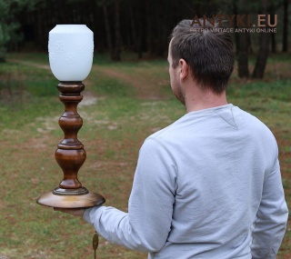 XL! DUŻA! Rustykalna lampa stołowa vintage z epoki – drewniana, masywna, dekoracyjna