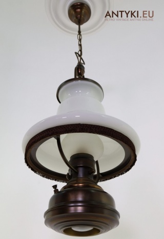 XL! Duża rustykalna lampa wisząca z epoki – mleczny klosz + dwupunktowe oświetlenie vintage