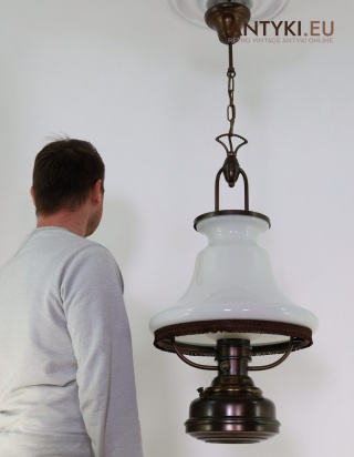 XL! Duża rustykalna lampa wisząca z epoki – mleczny klosz + dwupunktowe oświetlenie vintage