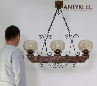 XL! Rustykalny żyrandol z litego drewna i metalu – 3-kloszowy vintage z epoki