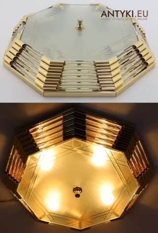 XL! DUŻY! Plafon Art Deco z mosiądzu i kryształowego szkła – elegancka lampa sufitowa vintage