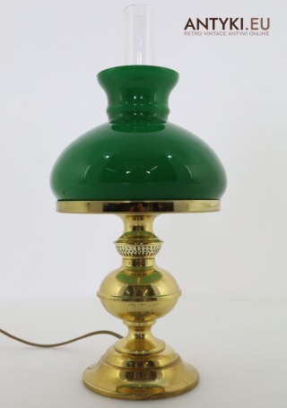 Mosiężna lampka stołowa retro z zielonym kloszem – bankierski klimat vintage