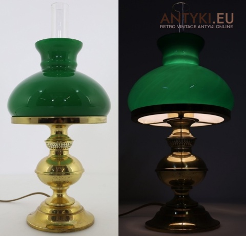 mosiężna lampka stołowa retro z zielonym kloszem