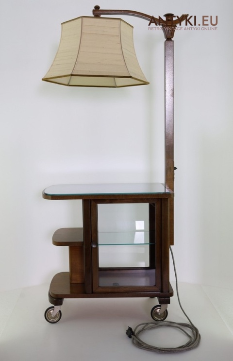stolik pomocnik vintage z witrynką i lampą