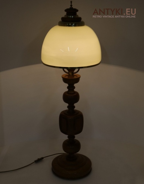 duża lampa stołowa drewniana dąb mosiądz retro