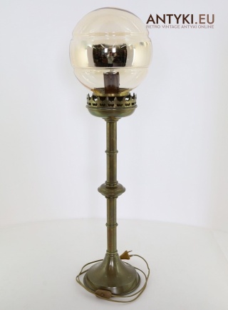 XXL lampa stołowa retro z epoki – masywna mosiężna podstawa + klosz kula vintage