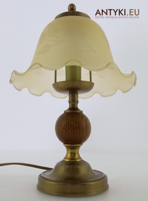 lampka nocna vintage mosiądz dąb klosz szklany