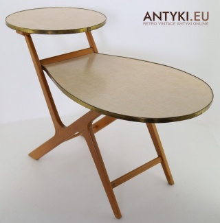 Stolik pomocniczy mid-century modern retro – 2 blaty, lite drewno, mosiądz