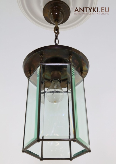 witrażowa lampa sufitowa vintage z mosiądzu