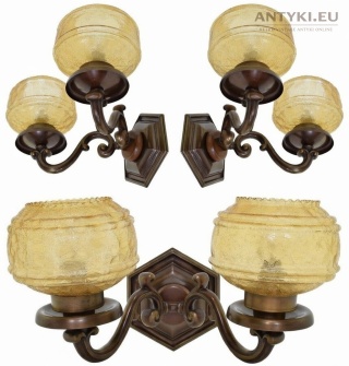 XXL! Duże starodawne kinkiety z brązu z żółtymi kloszami w stylu klasycznym – do pałacyku, dworku lub eleganckiego wnętrza