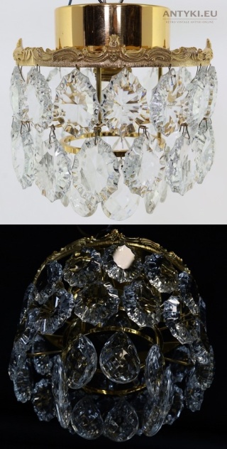 Antyczna kryształowa plafoniera mosiężna vintage – mała lampa sufitowa z epoki