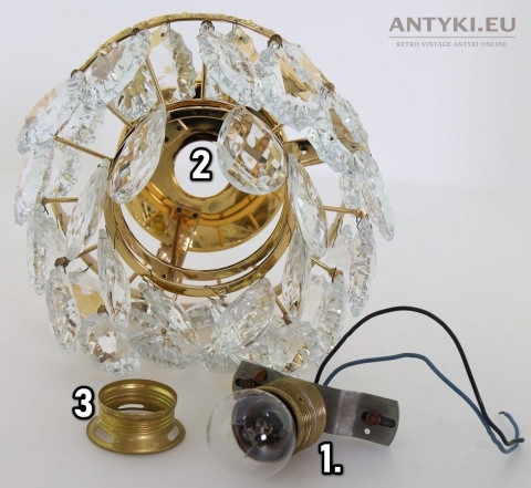 Antyczna kryształowa plafoniera mosiężna vintage – mała lampa sufitowa z epoki