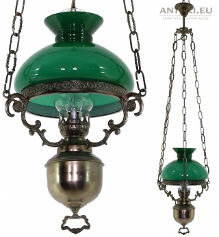 Antyczna lampa wisząca vintage zielony klosz Francja lata 60/70 – niklowany mosiądz