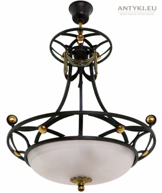 Antyczny żyrandol sufitowy vintage metal mosiądz Niemcy Hamburg – patyna zielona