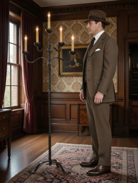 XXL! Antyczna lampa podłogowa kuta – 5 ramion, Austria, połowa XX wieku