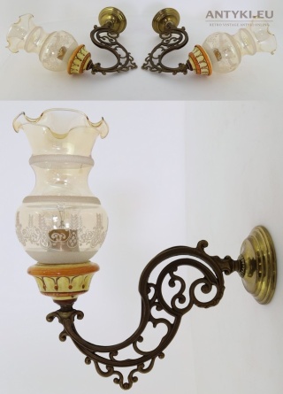 XL duże kinkiety majolika vintage z Francji – mosiądz + szklane klosze