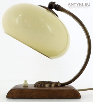 Oryginalna lampka biurkowa Art Deco z brązu i drewna z ruchomym kloszem – początek XX w.