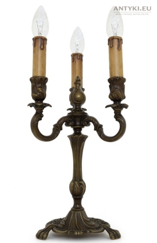 Antyczna lampa stołowa barokowa z brązu – 3-ramienna, lwie łapy, vintage retro