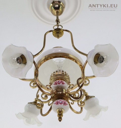 sufitowa mosiężna lampa retro z kloszami