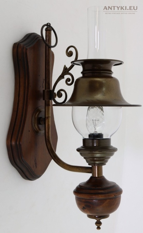 rustykalny kinkiet retro vintage drewno mosiądz