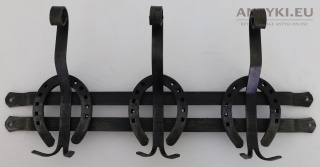 Rustykalny wieszak ścienny potrójny podkowa metal Francja lata 70. – masywny vintage 59 cm