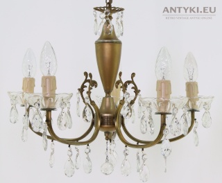 Starodawny żyrandol mosiężny z kryształami – retro vintage, Francja połowa XX wieku