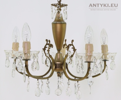 antyczny żyrandol mosiężny z kryształami