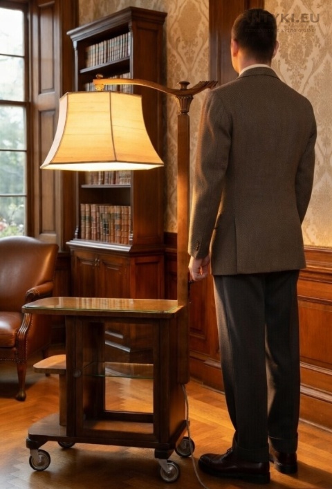 retro stolik do fotela z regulowaną lampą