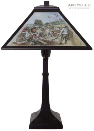 Antyczna lampa stołowa Atelier Bexon z witrażowym kloszem – motyw „Cztery Pory Roku”