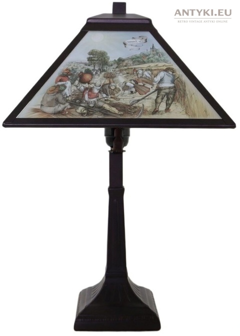 Antyczna lampa stołowa Atelier Bexon z witrażowym kloszem – motyw „Cztery Pory Roku”