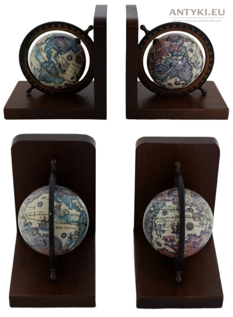 Antyczne podpórki do książek z globusami – drewno vintage, komplet retro
