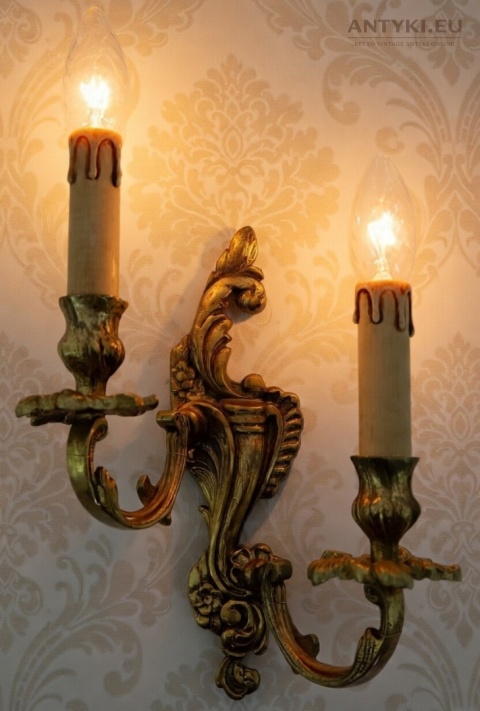 Duży antyczny kinkiet mosiężny barok rokoko Francja - pałacowe lampy ścienne