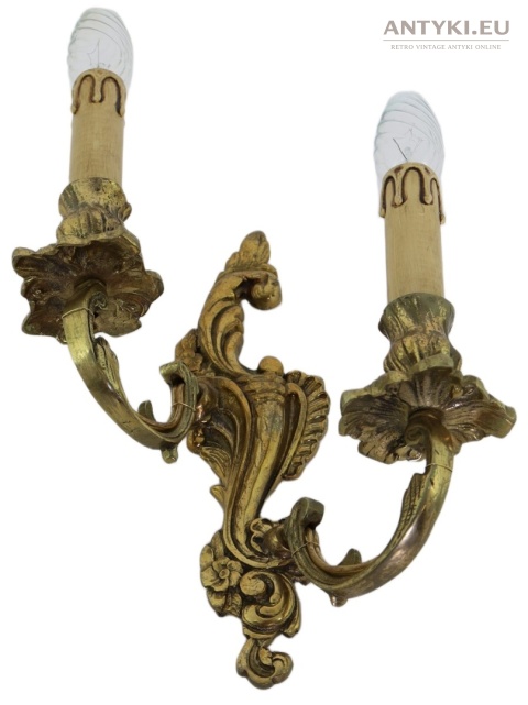 Duży antyczny kinkiet mosiężny barok rokoko Francja - pałacowe lampy ścienne