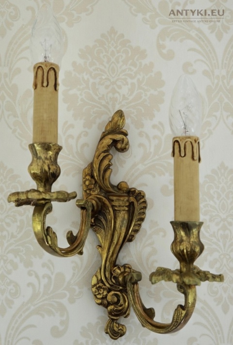 Duży antyczny kinkiet mosiężny barok rokoko Francja - pałacowe lampy ścienne