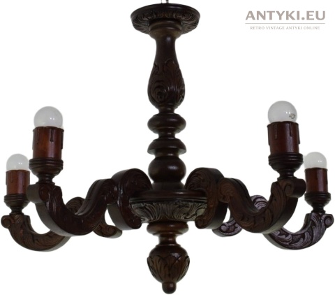 Eklektyczny żyrandol drewniany z epoki – ręcznie rzeźbiona lampa salonowa retro