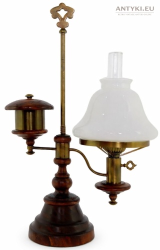 XL! Duża stylowa lampa biurkowa retro drewno mosiądz szkło – oświetlenie retro