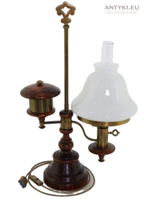 stołowa lampa z epoki drewno mosiądz