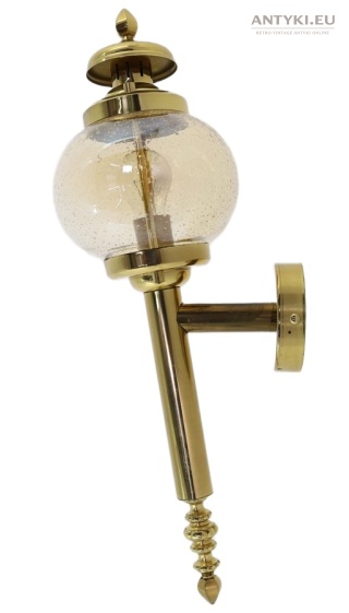 XL! Stylowa lampa mosiężna retro – kinkiet z epoki z unikatowym szklanym kloszem