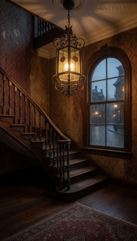 duża lampa wisząca metalowa witrażowa z epoki