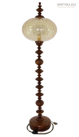XL! Wysoka drewniana lampa podłogowa vintage eklektyczna – szklany klosz, retro