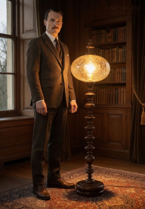 eklektyczna lampa podłogowa vintage drewniana