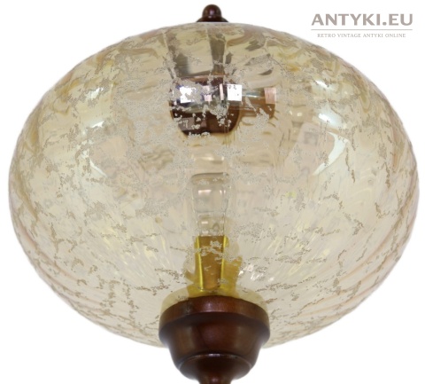XL! Wysoka drewniana lampa podłogowa vintage eklektyczna – szklany klosz, retro