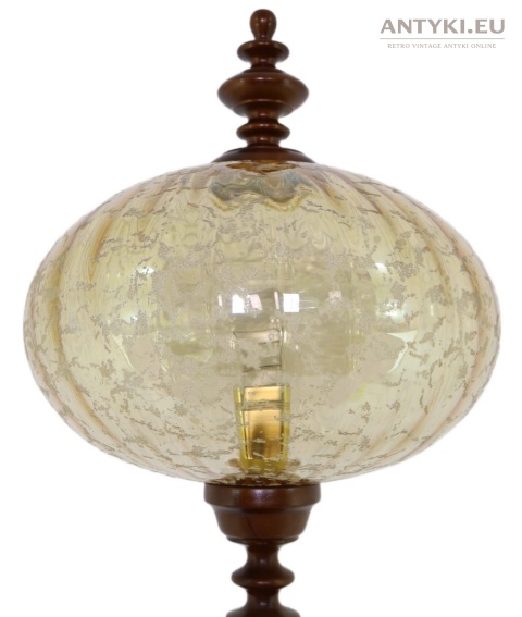 XL! Wysoka drewniana lampa podłogowa vintage eklektyczna – szklany klosz, retro