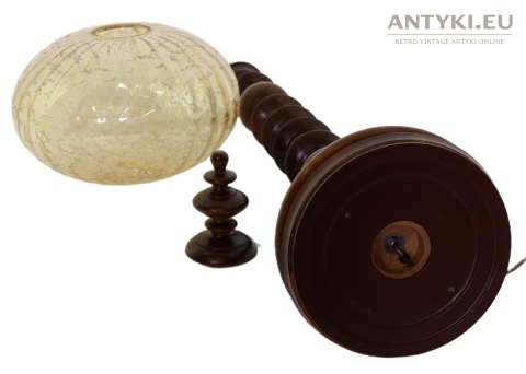XL! Wysoka drewniana lampa podłogowa vintage eklektyczna – szklany klosz, retro