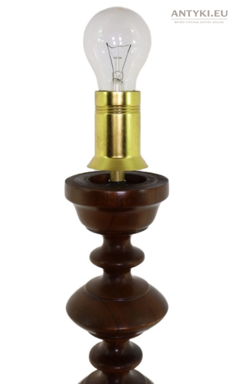 XL! Wysoka drewniana lampa podłogowa vintage eklektyczna – szklany klosz, retro