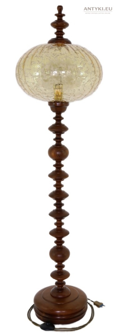 XL! Wysoka drewniana lampa podłogowa vintage eklektyczna – szklany klosz, retro