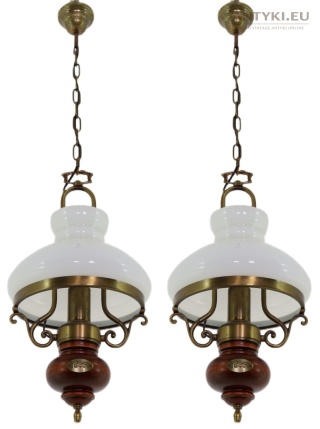 Rustykalna lampa wisząca mosiężna z mlecznym kloszem – retro vintage 1889