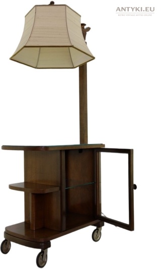 Vintage stolik pomocniczy na kółkach z lampą TEMDE – oświetlenie vintage 100%